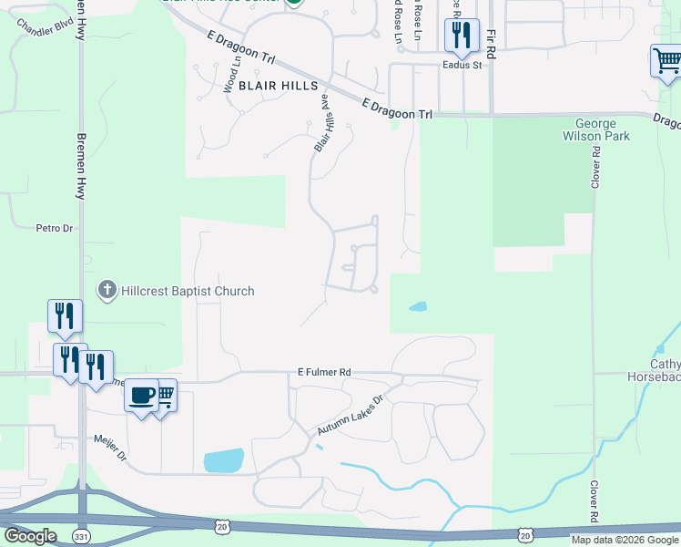 map of restaurants, bars, coffee shops, grocery stores, and more near 1019 Bowdoin Drive in Mishawaka