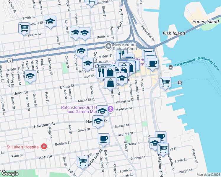 map of restaurants, bars, coffee shops, grocery stores, and more near 130 School Street in New Bedford