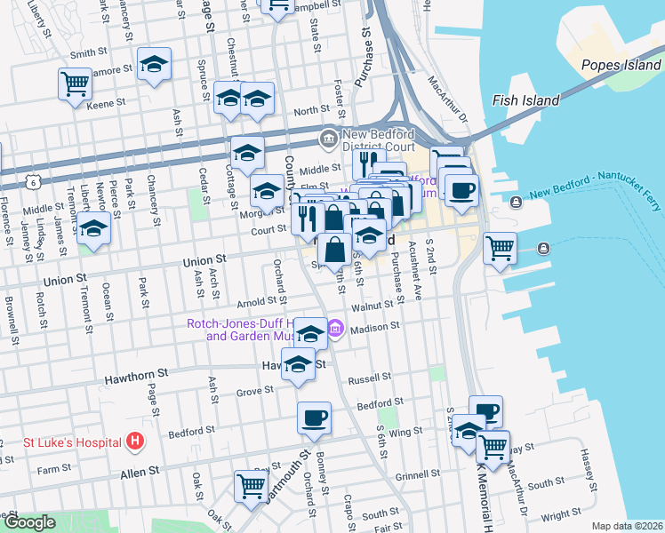map of restaurants, bars, coffee shops, grocery stores, and more near 130 School Street in New Bedford