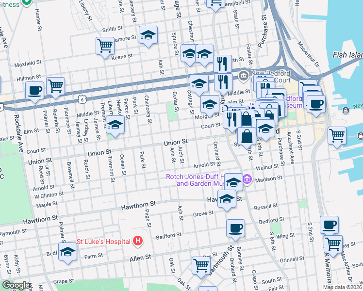 map of restaurants, bars, coffee shops, grocery stores, and more near 186 Ash Street in New Bedford