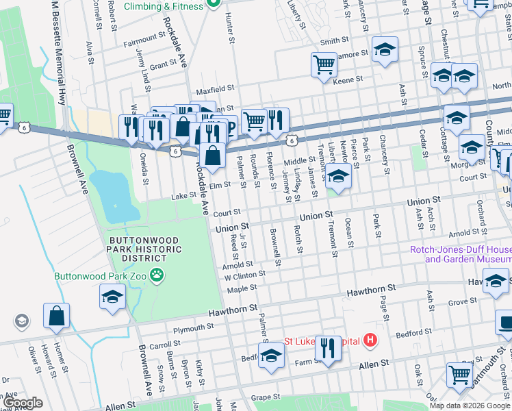 map of restaurants, bars, coffee shops, grocery stores, and more near 119 Rounds Street in New Bedford