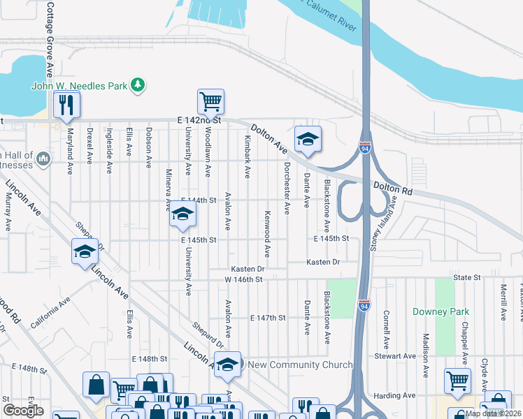 map of restaurants, bars, coffee shops, grocery stores, and more near 14428 Kenwood Avenue in Dolton