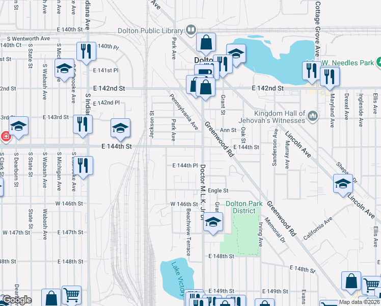 map of restaurants, bars, coffee shops, grocery stores, and more near 516 East 144th Place in Dolton
