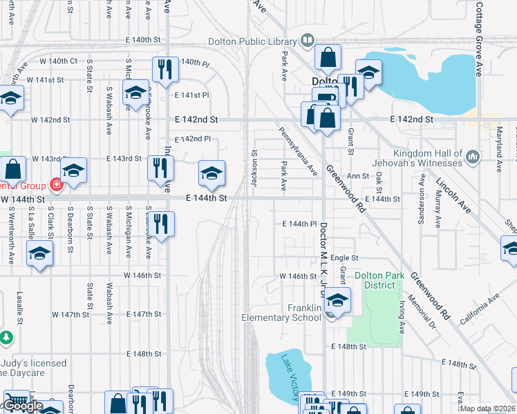 map of restaurants, bars, coffee shops, grocery stores, and more near 407 East 144th Street in Dolton