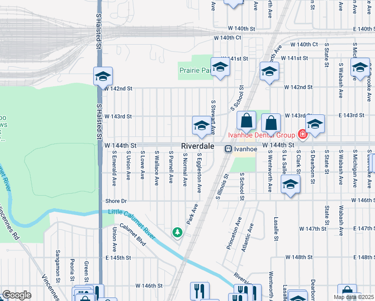 map of restaurants, bars, coffee shops, grocery stores, and more near 14420 South Normal Avenue in Riverdale