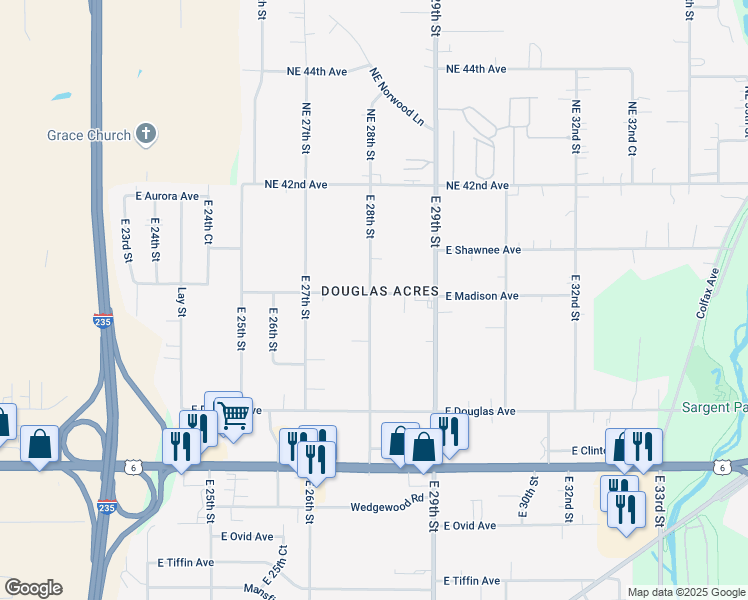 map of restaurants, bars, coffee shops, grocery stores, and more near 3923 East 28th Street in Des Moines