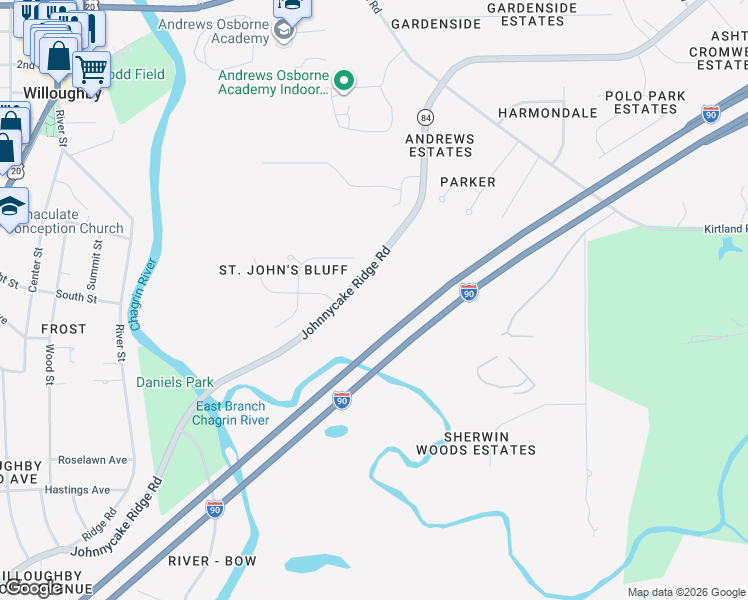 map of restaurants, bars, coffee shops, grocery stores, and more near 38660 Johnnycake Ridge Road in Willoughby
