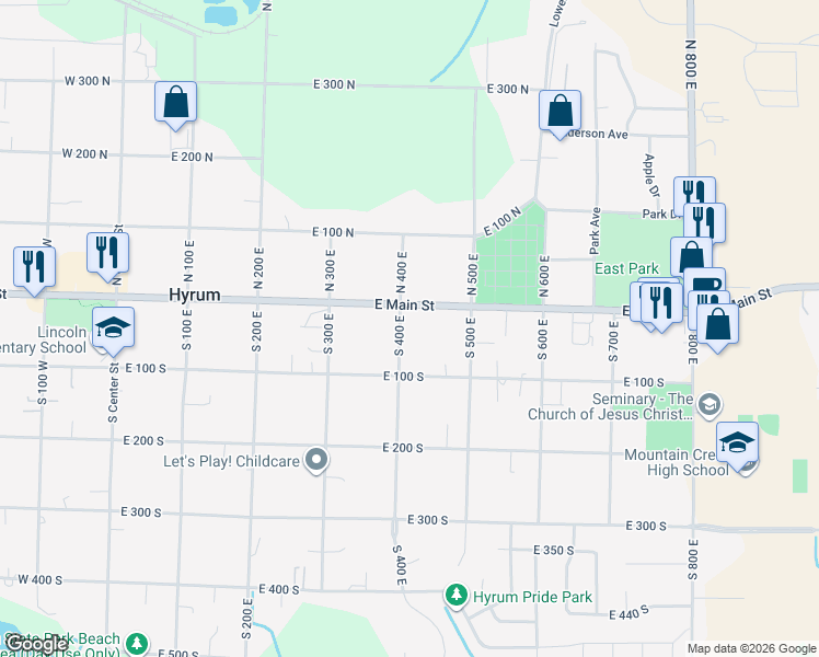 map of restaurants, bars, coffee shops, grocery stores, and more near 37 South 400 East in Hyrum