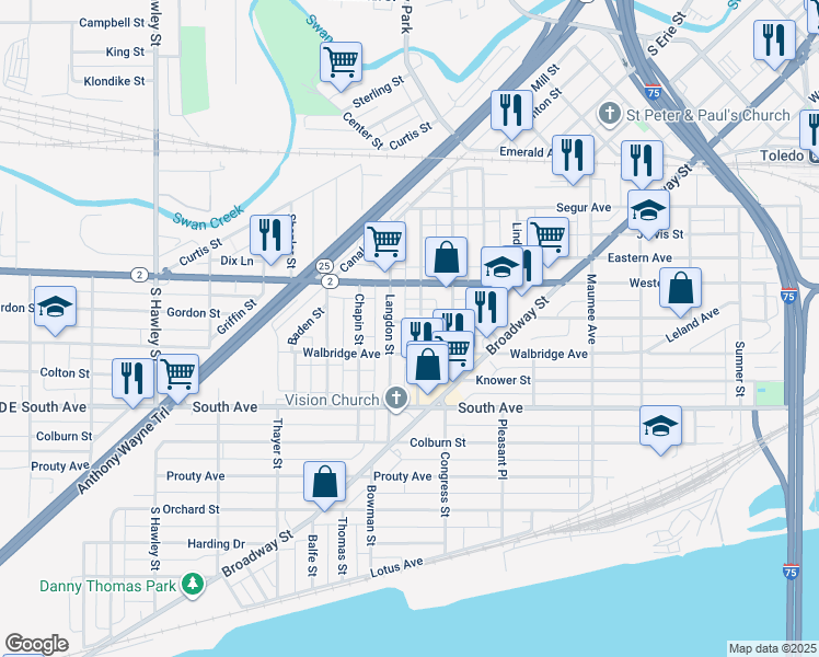 map of restaurants, bars, coffee shops, grocery stores, and more near 745 Boalt Street in Toledo