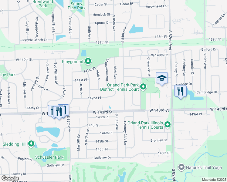 map of restaurants, bars, coffee shops, grocery stores, and more near 14216 South 85th Avenue in Orland Park