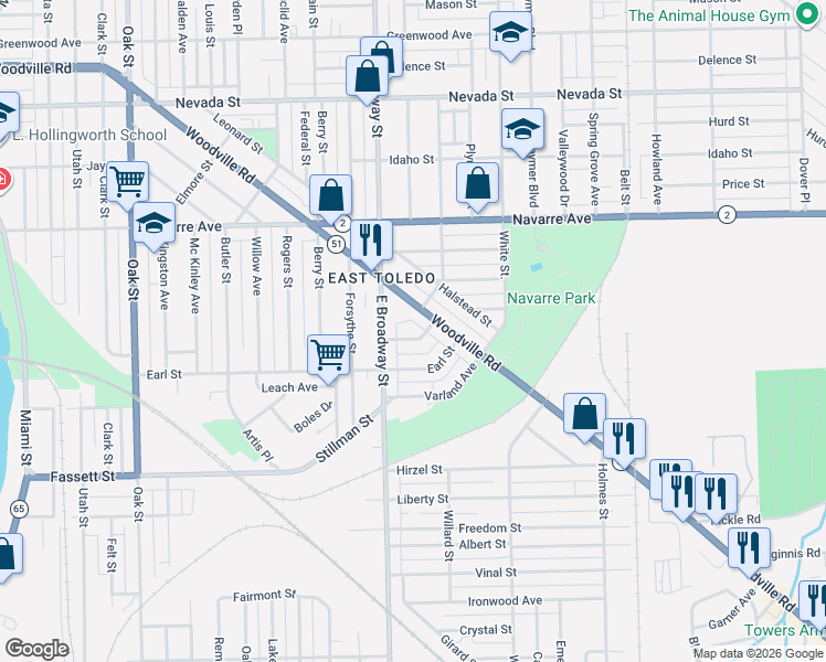 map of restaurants, bars, coffee shops, grocery stores, and more near 1108 Madeleine Street in Toledo