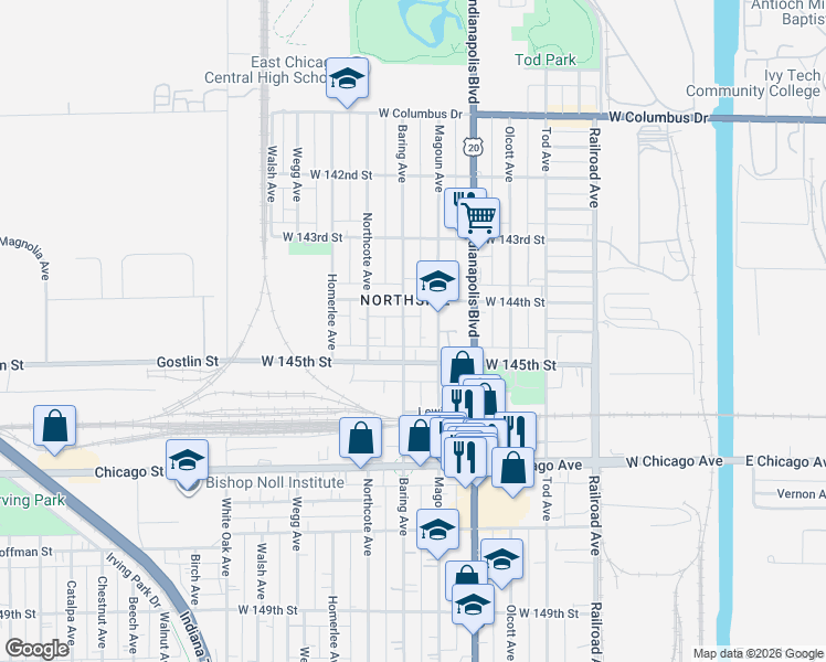 map of restaurants, bars, coffee shops, grocery stores, and more near 912 West 145th Street in East Chicago