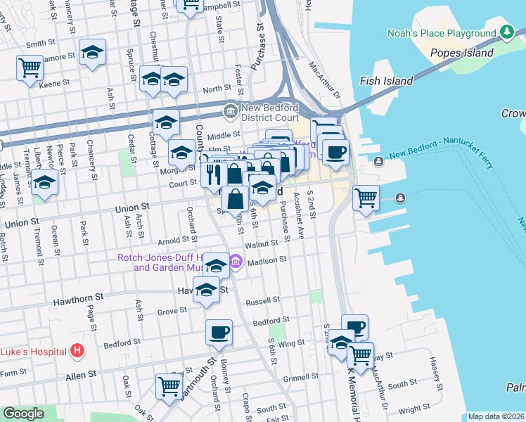 map of restaurants, bars, coffee shops, grocery stores, and more near 23 South 6th Street in New Bedford