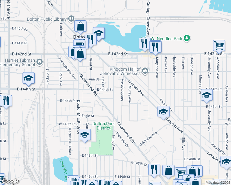map of restaurants, bars, coffee shops, grocery stores, and more near 14407 Irving Avenue in Dolton