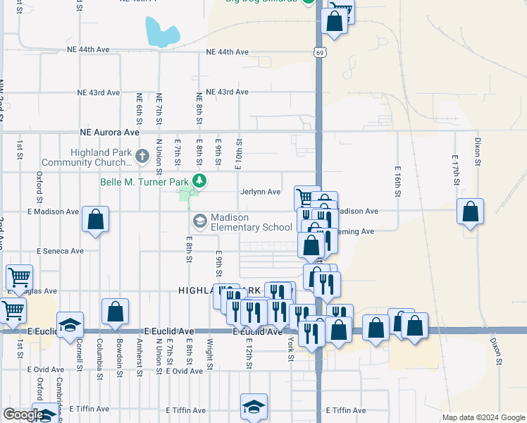 map of restaurants, bars, coffee shops, grocery stores, and more near 1216 East Madison Avenue in Des Moines