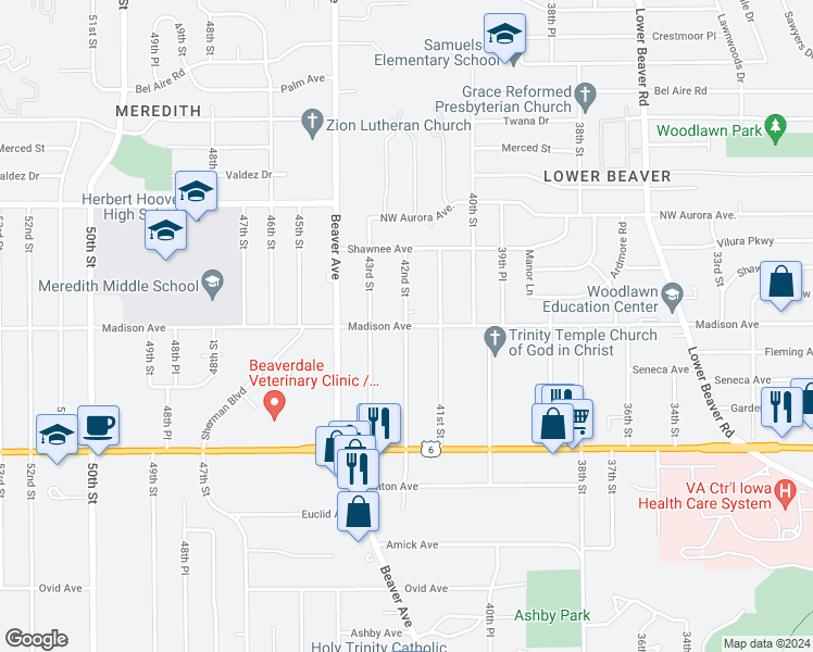 map of restaurants, bars, coffee shops, grocery stores, and more near 4199 Madison Avenue in Des Moines
