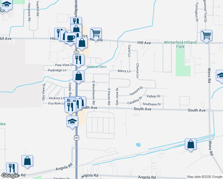 map of restaurants, bars, coffee shops, grocery stores, and more near 415 South Haven Road in Toledo