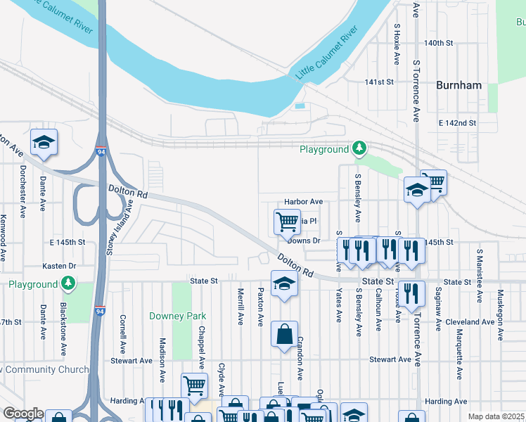 map of restaurants, bars, coffee shops, grocery stores, and more near 83 Paxton Avenue in Calumet City