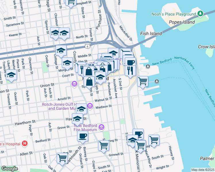 map of restaurants, bars, coffee shops, grocery stores, and more near 436-444 Pleasant Street in New Bedford