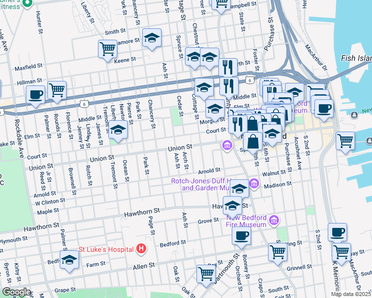 map of restaurants, bars, coffee shops, grocery stores, and more near 186 Ash Street in New Bedford