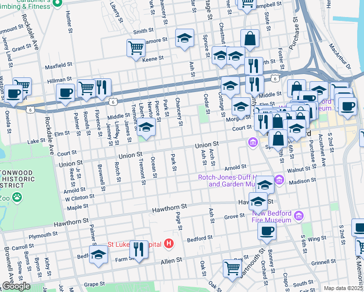 map of restaurants, bars, coffee shops, grocery stores, and more near 82 Chancery Street in New Bedford