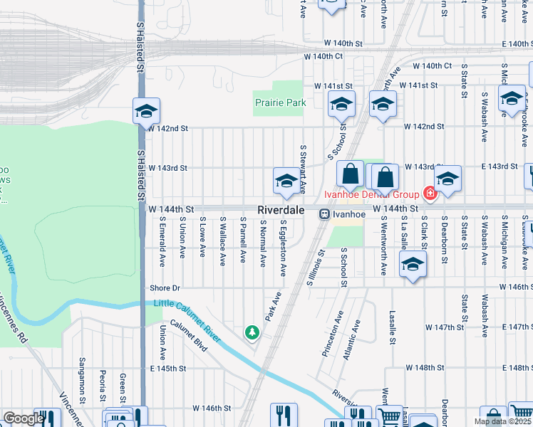 map of restaurants, bars, coffee shops, grocery stores, and more near 14420 South Normal Avenue in Riverdale
