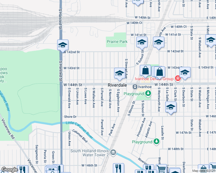 map of restaurants, bars, coffee shops, grocery stores, and more near 14420 South Normal Avenue in Riverdale