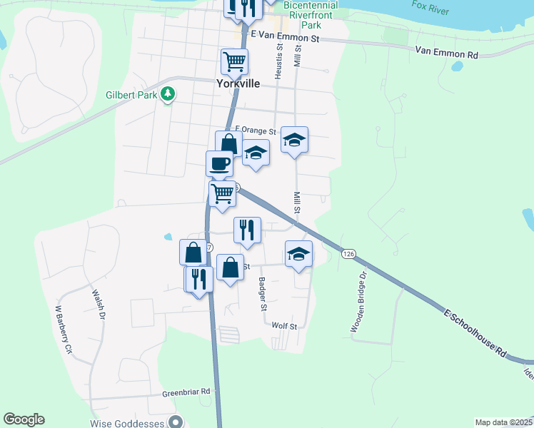 map of restaurants, bars, coffee shops, grocery stores, and more near 111 Colonial Parkway in Yorkville