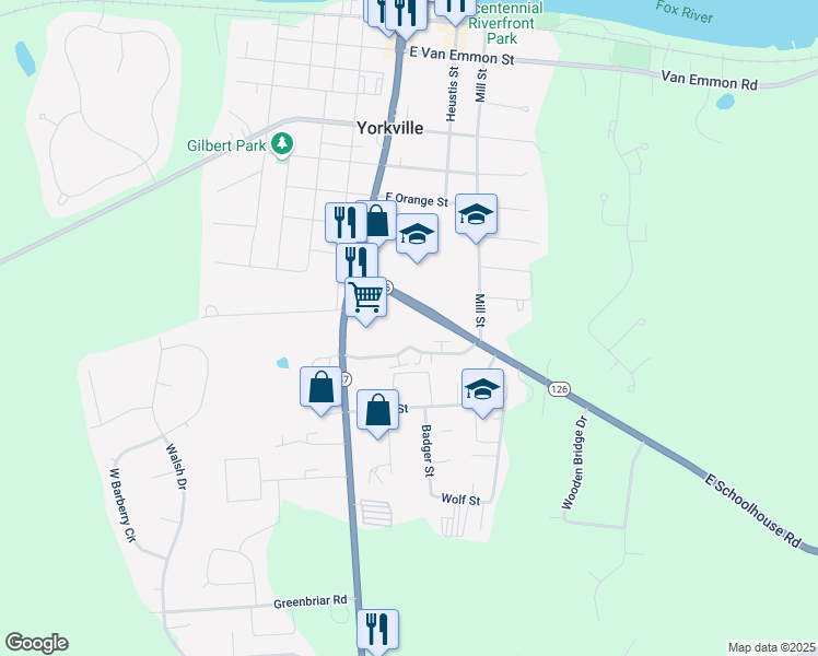 map of restaurants, bars, coffee shops, grocery stores, and more near 111 Colonial Parkway in Yorkville