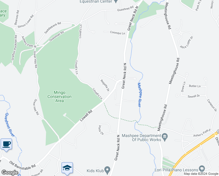 map of restaurants, bars, coffee shops, grocery stores, and more near 66 Regatta Drive in Mashpee
