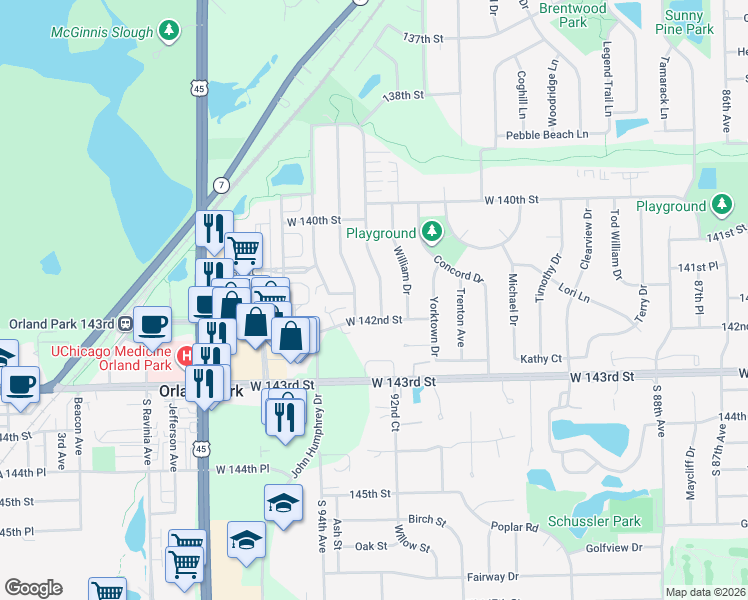 map of restaurants, bars, coffee shops, grocery stores, and more near 14124 Catherine Drive in Orland Park