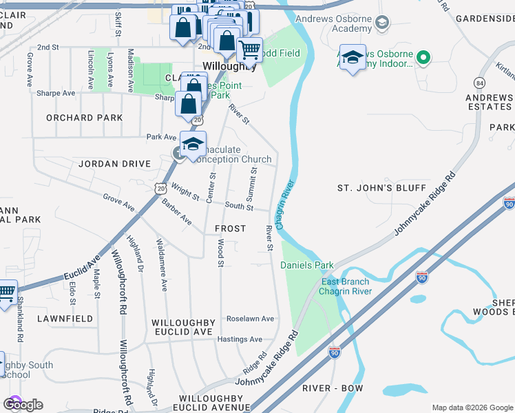 map of restaurants, bars, coffee shops, grocery stores, and more near 38268 South Street in Willoughby