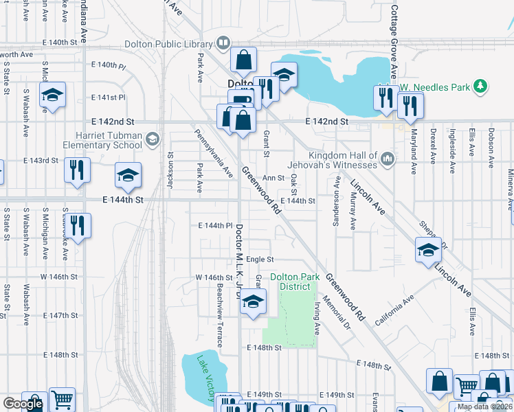 map of restaurants, bars, coffee shops, grocery stores, and more near 627 East 144th Place in Dolton
