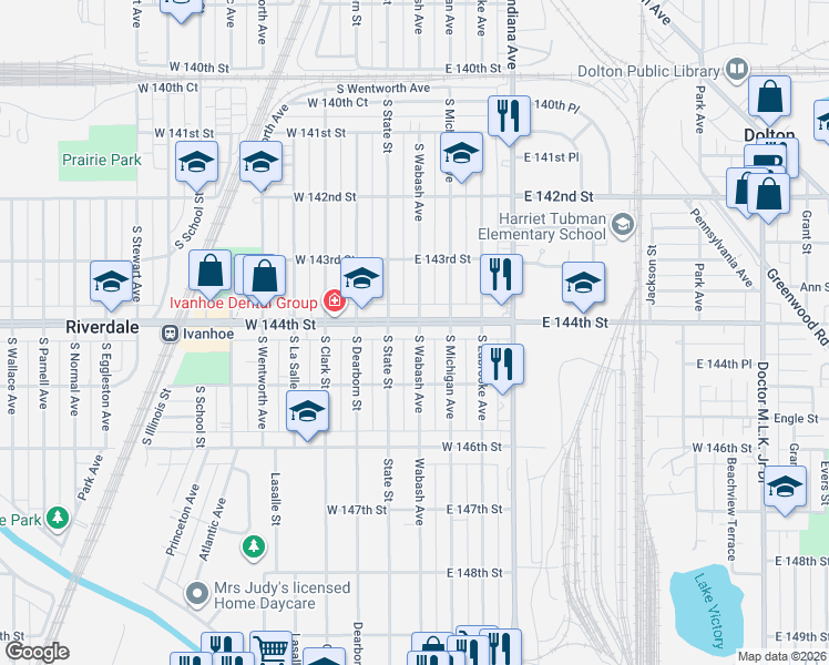 map of restaurants, bars, coffee shops, grocery stores, and more near 14420 South Wabash Avenue in Riverdale