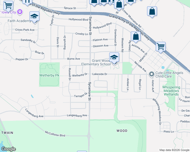 map of restaurants, bars, coffee shops, grocery stores, and more near 101 Stanwyck Drive in Iowa City
