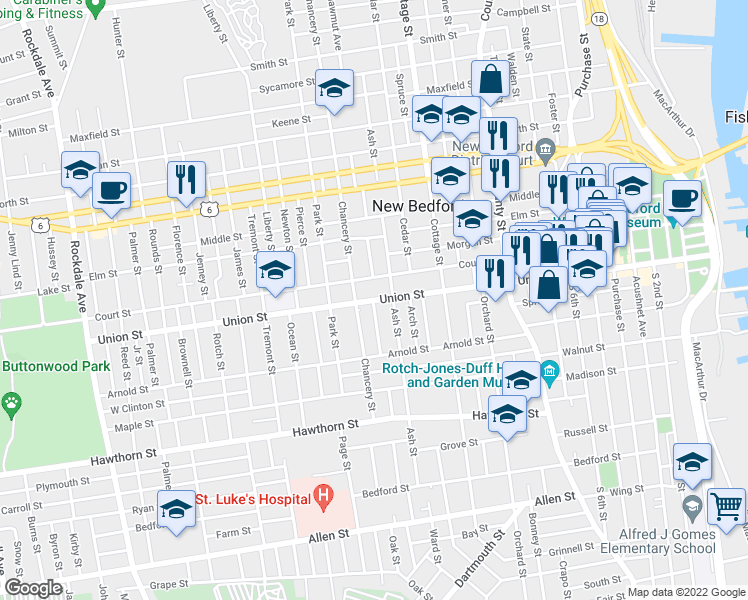 map of restaurants, bars, coffee shops, grocery stores, and more near 409 Union Street in New Bedford