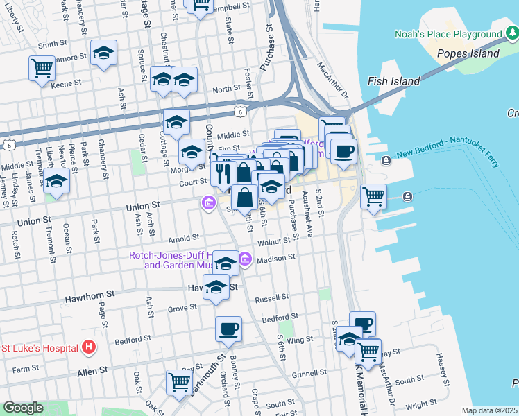 map of restaurants, bars, coffee shops, grocery stores, and more near 23 South 6th Street in New Bedford
