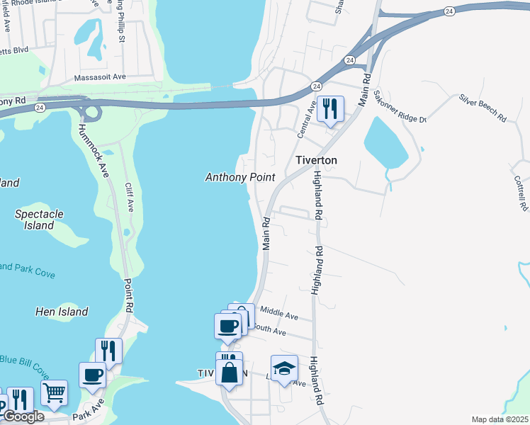 map of restaurants, bars, coffee shops, grocery stores, and more near 1565 Main Road in Tiverton