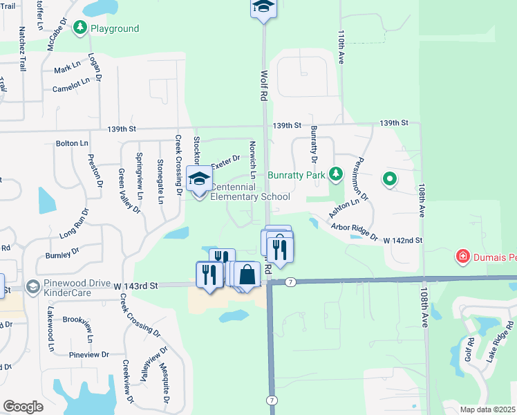 map of restaurants, bars, coffee shops, grocery stores, and more near 14031 Norwich Lane in Orland Park