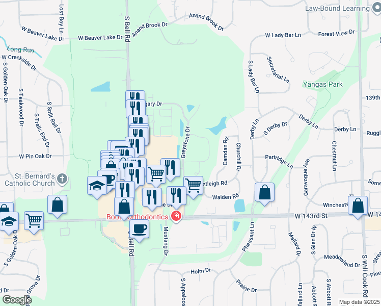 map of restaurants, bars, coffee shops, grocery stores, and more near 1790 Sheffield Drive in Homer Glen