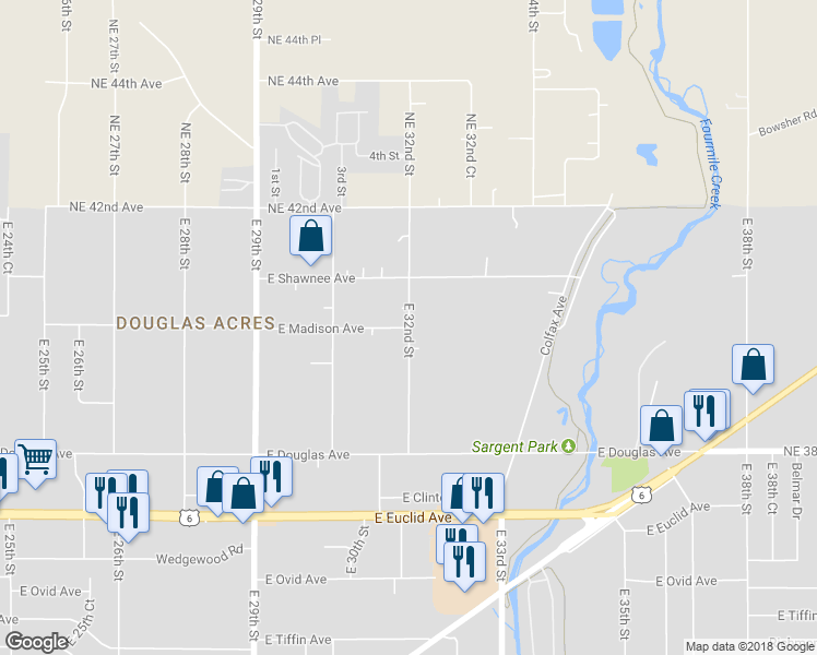 map of restaurants, bars, coffee shops, grocery stores, and more near 3999 East 32nd Street in Des Moines