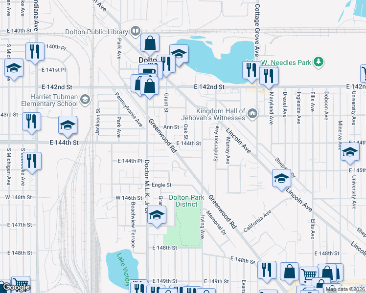 map of restaurants, bars, coffee shops, grocery stores, and more near 713 East 144th Street in Dolton