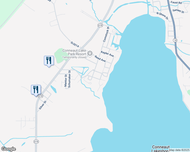 map of restaurants, bars, coffee shops, grocery stores, and more near 54793 Comstock Street in Conneaut Lake