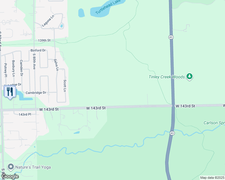 map of restaurants, bars, coffee shops, grocery stores, and more near 7600 West 143rd Street in Orland Park