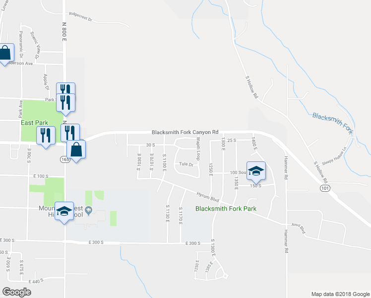 map of restaurants, bars, coffee shops, grocery stores, and more near 1125 Rocky Mountain Way in Hyrum