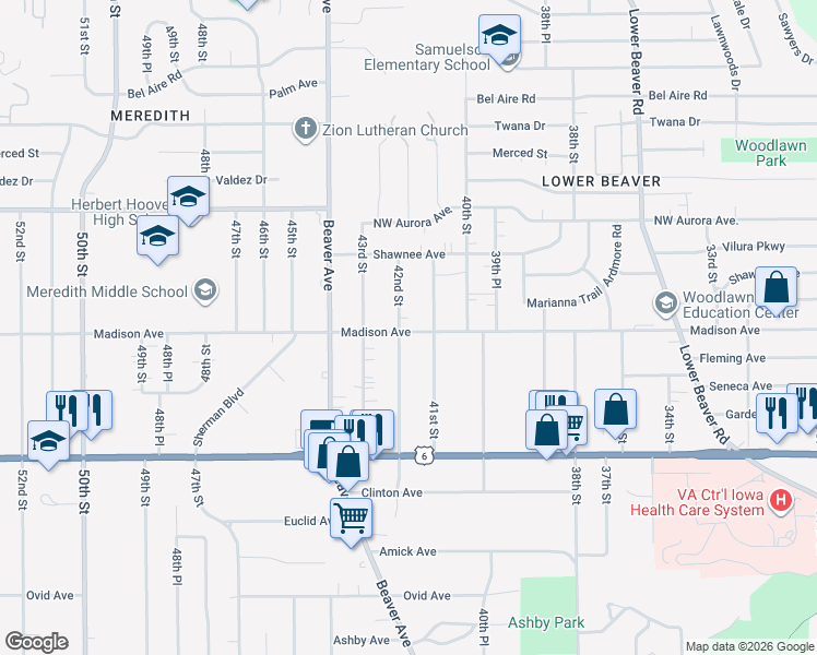 map of restaurants, bars, coffee shops, grocery stores, and more near 4023 42nd Street in Des Moines