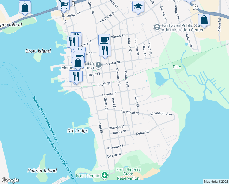 map of restaurants, bars, coffee shops, grocery stores, and more near 84 Laurel Street in Fairhaven