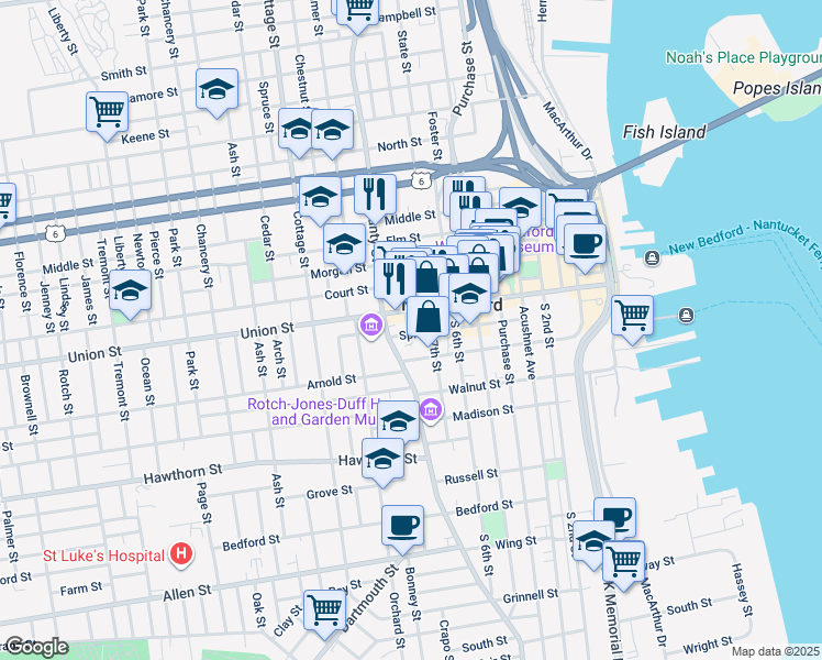 map of restaurants, bars, coffee shops, grocery stores, and more near 277 Union Street in New Bedford