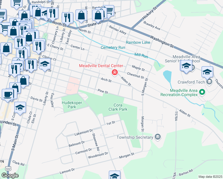 map of restaurants, bars, coffee shops, grocery stores, and more near 574-670 Arch Street in Meadville
