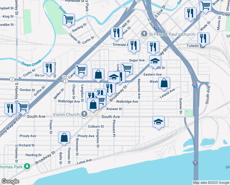 map of restaurants, bars, coffee shops, grocery stores, and more near 575 Western Avenue in Toledo